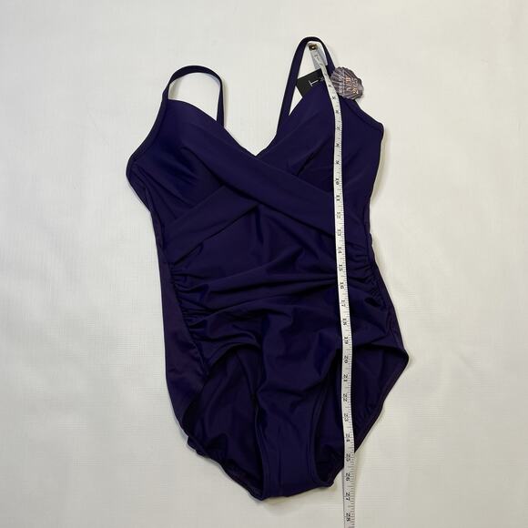 Miraclesuit Rock Solid Captivate One Piece Swimsuit Size 12 Purple Criss Cross - Picture 15 of 16